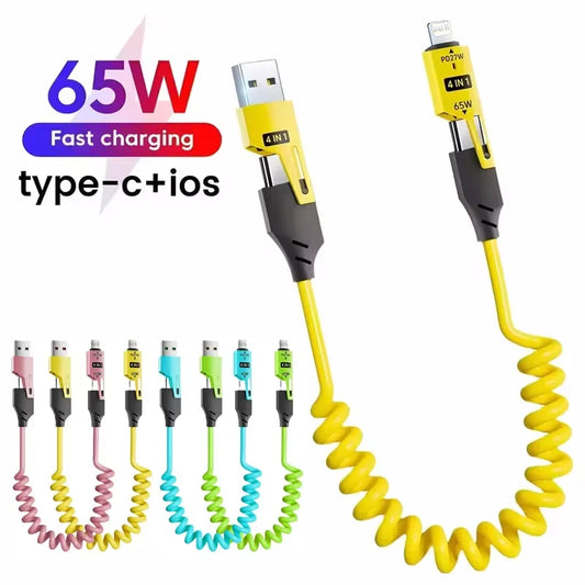 65W 4-in-1 Fast Charging Spring USB-C Cable front view