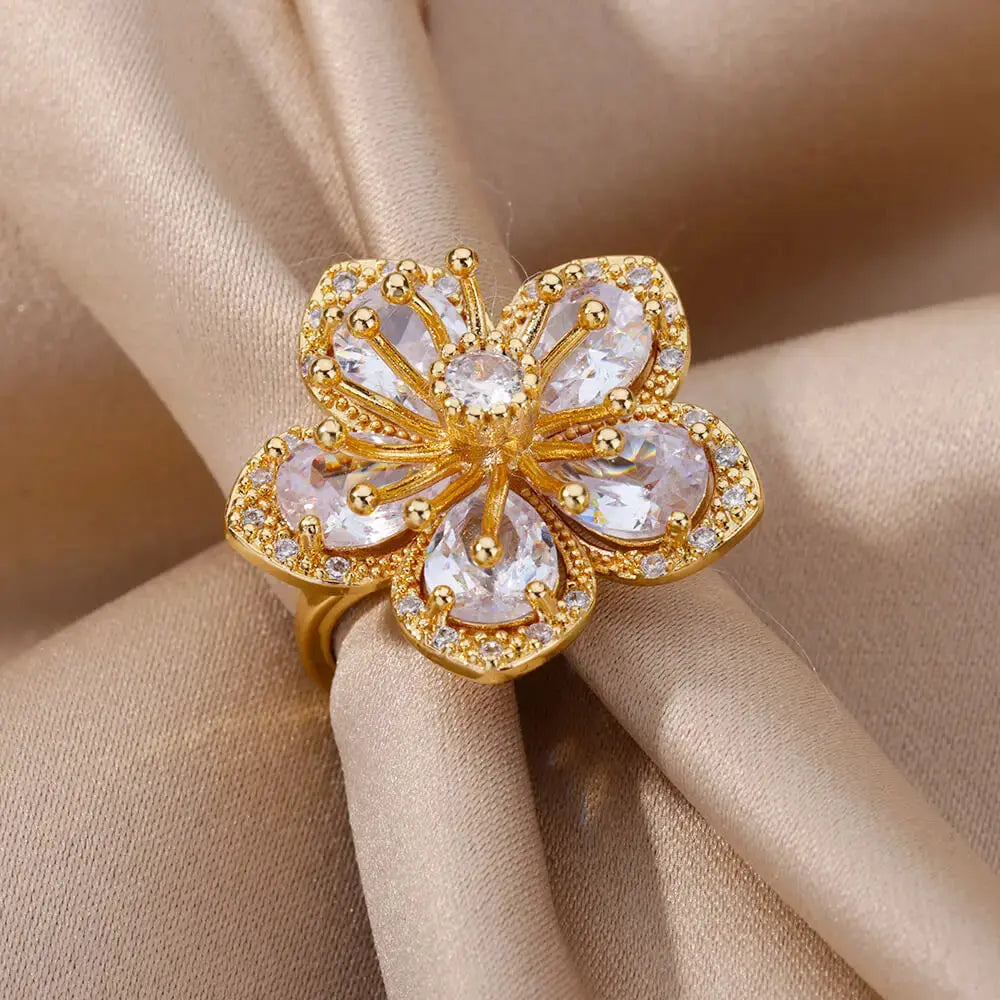 Elegant Gold Flower Ring with Green Zircon - Black & Elva