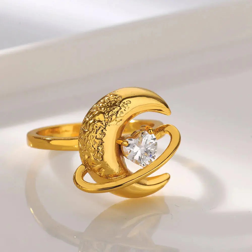 Elegant Gold Moon Ring with Zircon - Black & Elva
