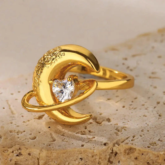 Elegant Gold Moon Ring with Zircon - Black & Elva