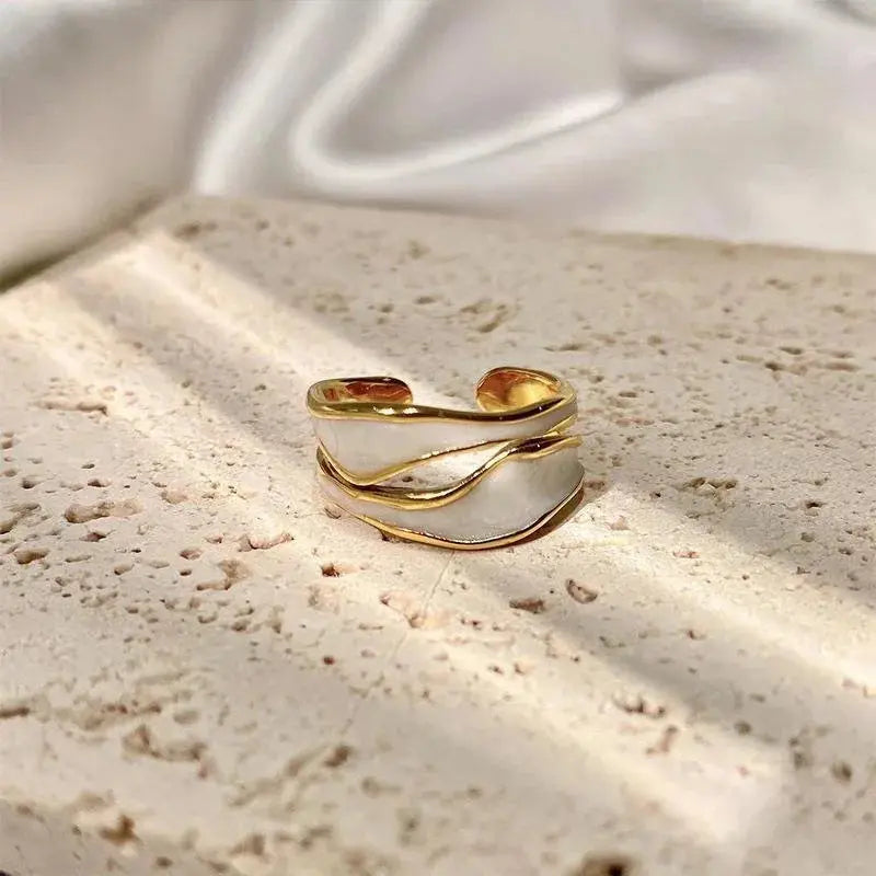 Gold Adjustable Enamel Ring - Black & Elva