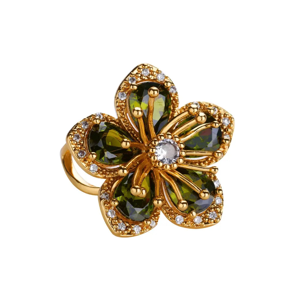 Elegant Gold Flower Ring with Green Zircon - Black & Elva