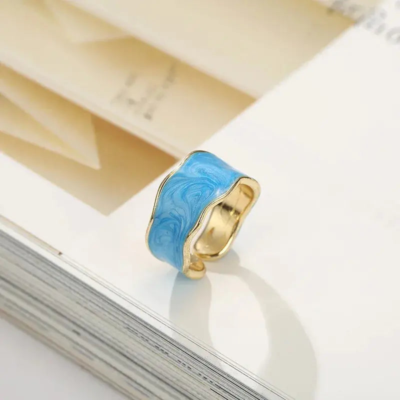 Gold Adjustable Enamel Ring - Black & Elva