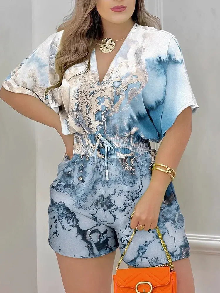 Casual V-Neck Printed Jumpsuit for Wome - Black & Elva