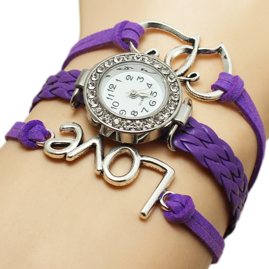 Alloy Love Double Heart-shaped Love Woven Multi-layer Watch - Black & Elva
