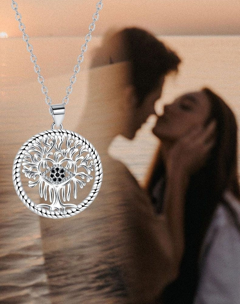 Fashion Retro Lucky Tree Devil's Eye Ornament Pendant Necklace For Women - Black & Elva