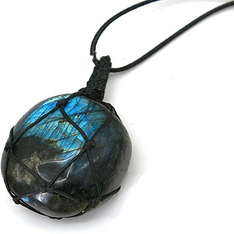 Natural Labradorite Pendant Moonstone Hand-woven Mesh Bag Necklace - Black & Elva