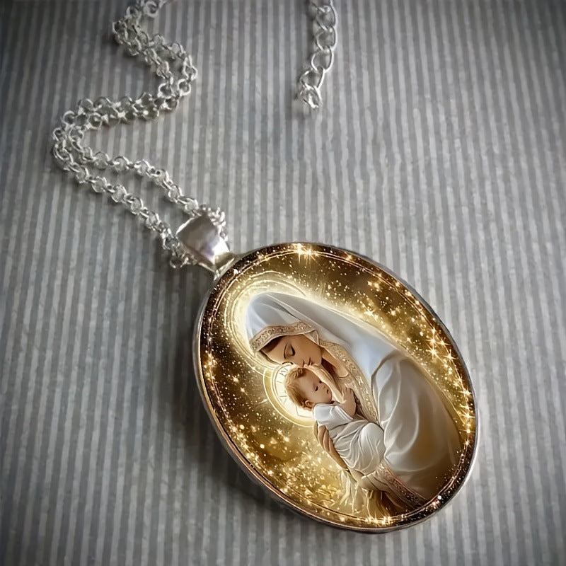 Fashion Virgin Mary Oval Glass Necklace - Black & Elva