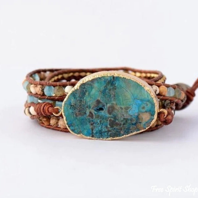 Natural Ocean Stone Leather Multi-layer Bracelet Simple - Black & Elva