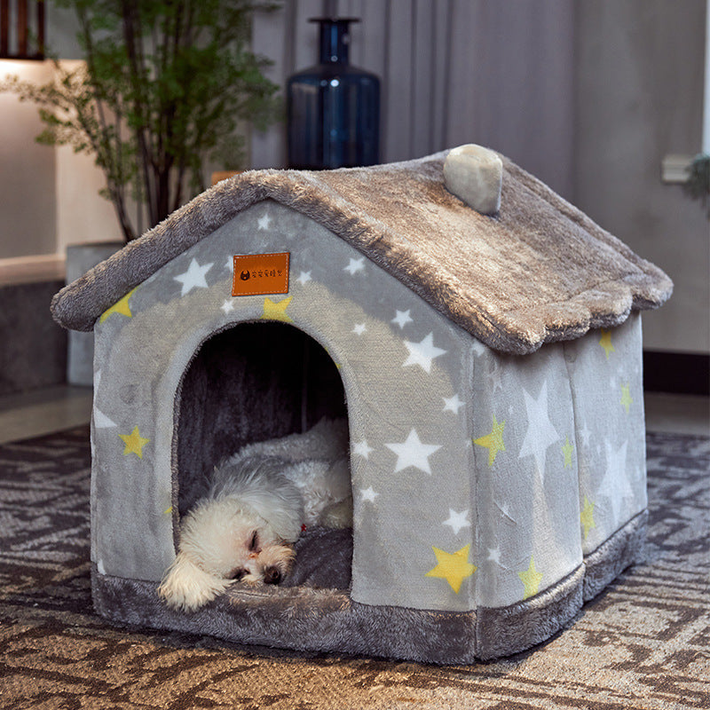 Foldable Warm Dog & Cat House – Enclosed Pet Bed for Winter Comfort - Black & Elva