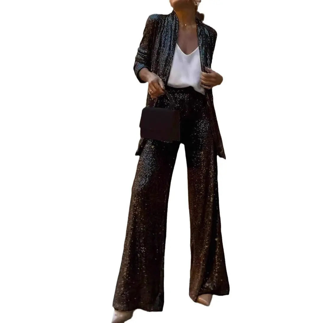 Three-color Sequin Small Suit High Waist Fashion Casual Pants Two-piece Suit - Black & Elva