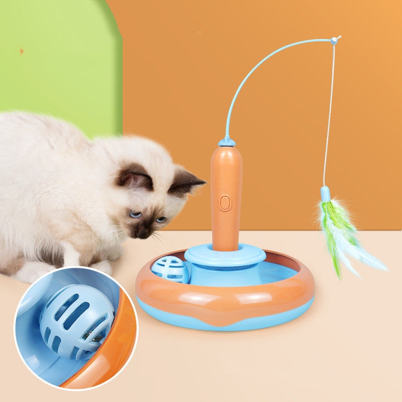 2 In 1 Pet Cat Toy With Feather For Self-play Cat Turntable Pets Supplies Cat Toy Toys Cats Items Products - Black & Elva