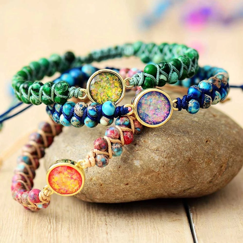 Colorful Round Emperor Stone Beads Woven Bracelet - Black & Elva