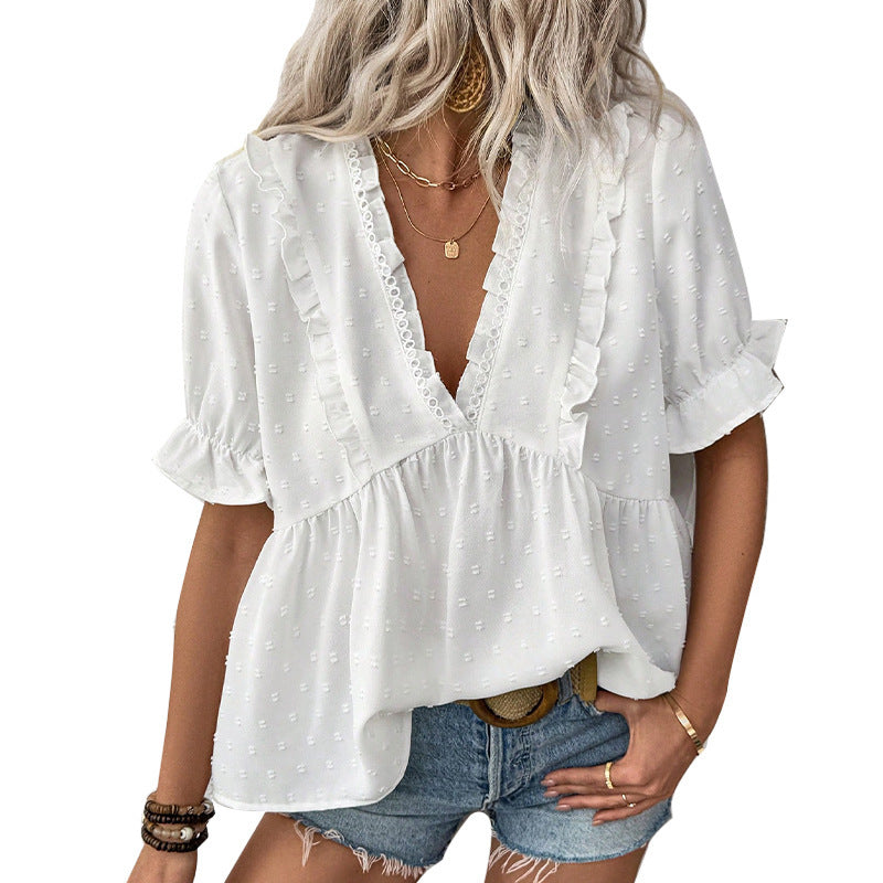 European And American Cut Flower Fur Ball Shirt Short Sleeve Lace - Black & Elva