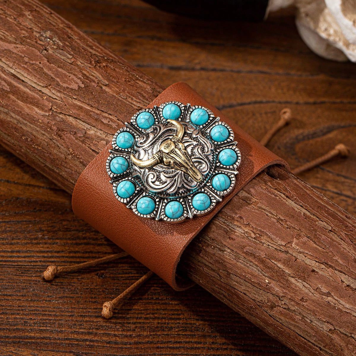 Vintage Western Denim Blue Turquoise Animal Leather Bracelet - Black & Elva