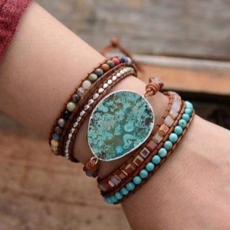 Natural Ocean Stone Leather Multi-layer Bracelet Simple - Black & Elva