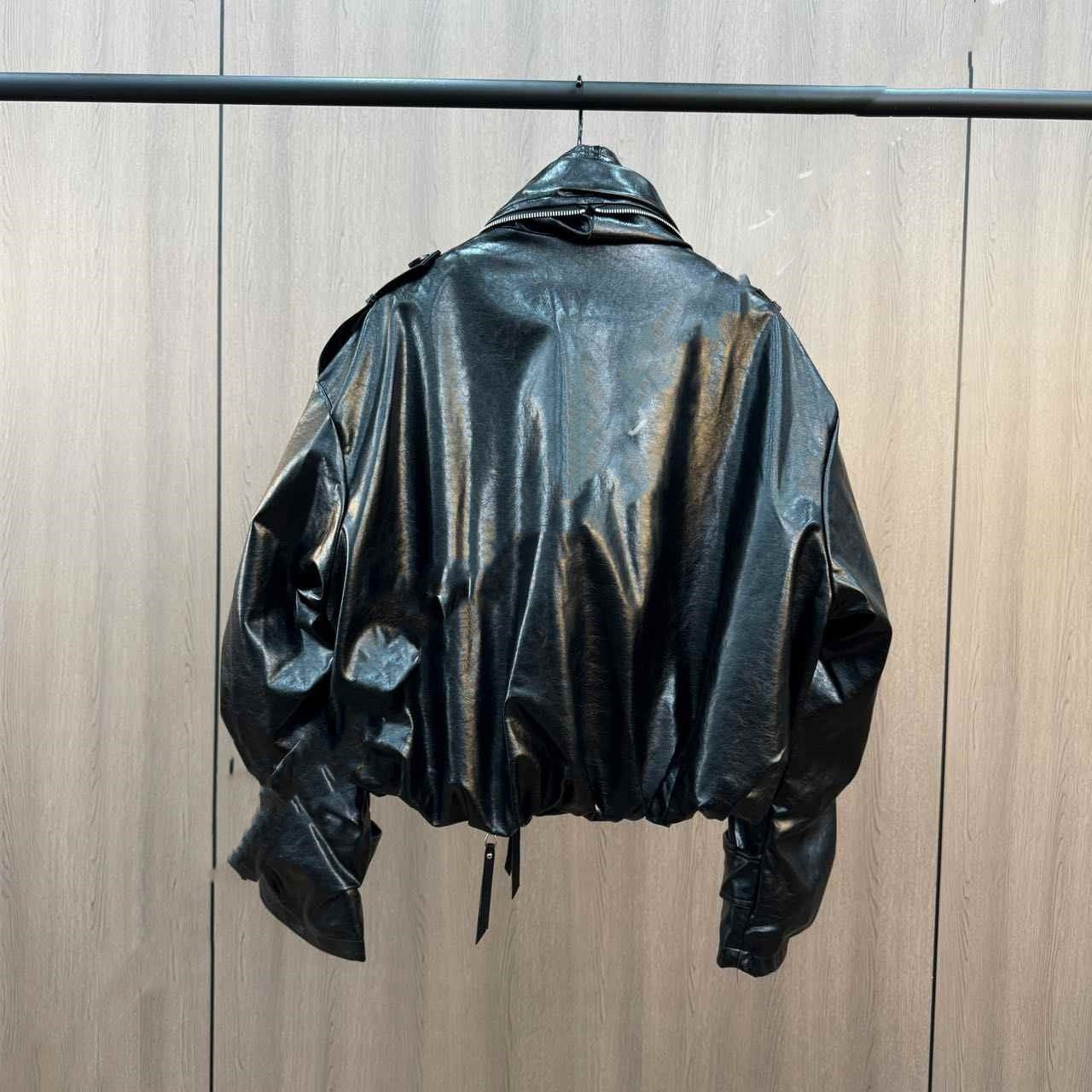 Cuffed Zipper Collar Button PU Leather Jacket Cotton Padded Jacket - Black & Elva
