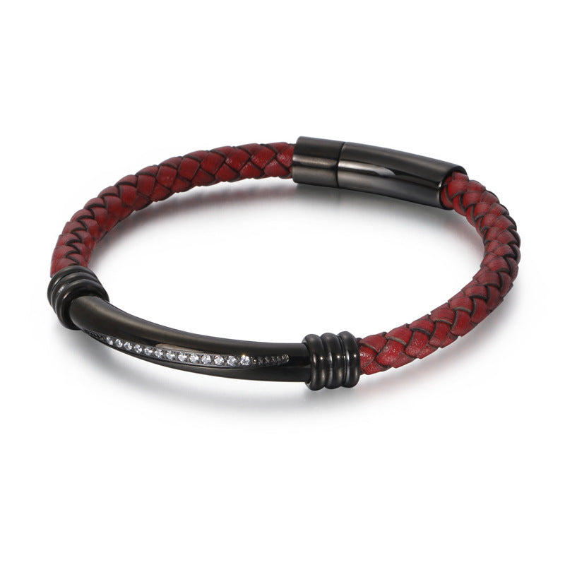 Men's Geometric Elbow Stainless Steel Diamond Leather Woven Bracelet - Black & Elva