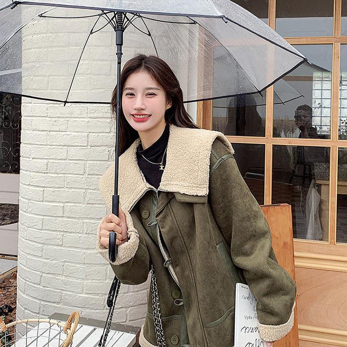 Women's Korean-style Retro Green Suede Lambswool Coat - Black & Elva
