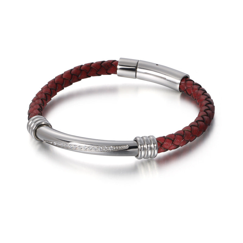 Men's Geometric Elbow Stainless Steel Diamond Leather Woven Bracelet - Black & Elva