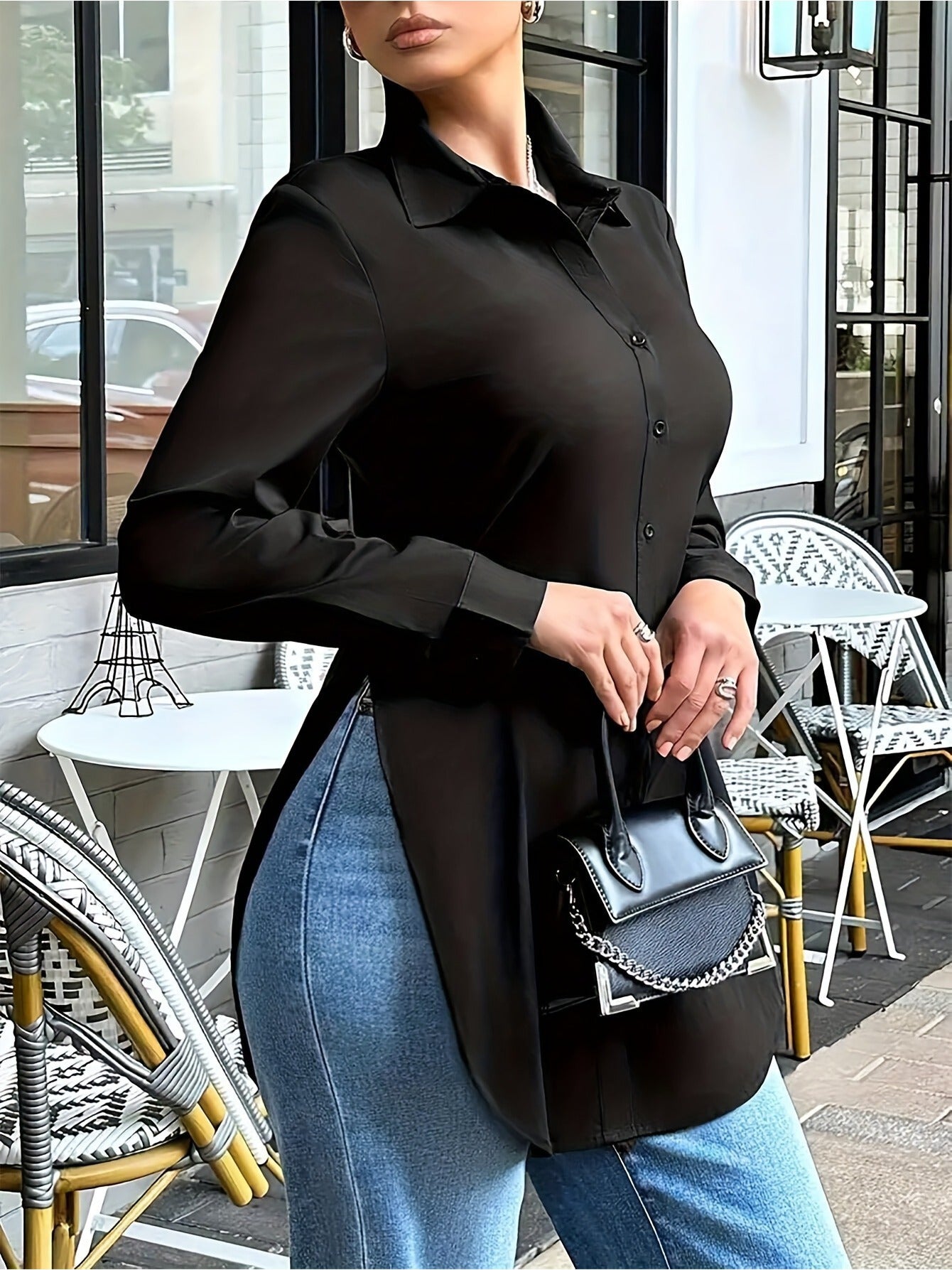 Women's Plus Size Long-Sleeve V-Neck Maxi Button-Down Shirt - Casual Side-Slit Blouse - Black & Elva