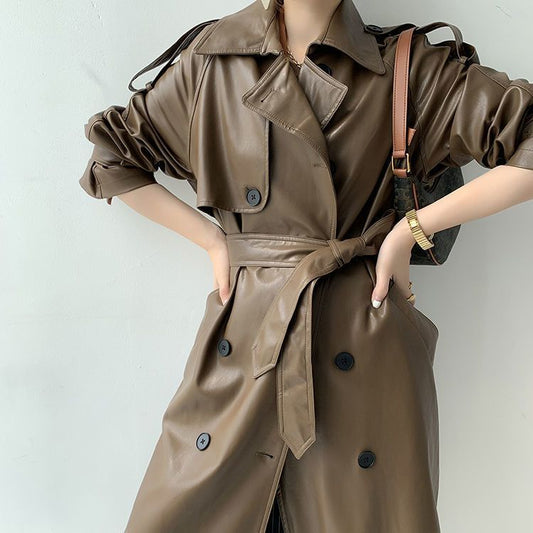Retro Women's Mid-length Waist Slimming Pu Coat - Black & Elva