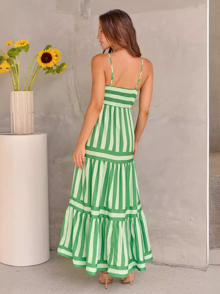 Striped Summer Maxi Dress – Backless & Pocketed Beachwear - Black & Elva