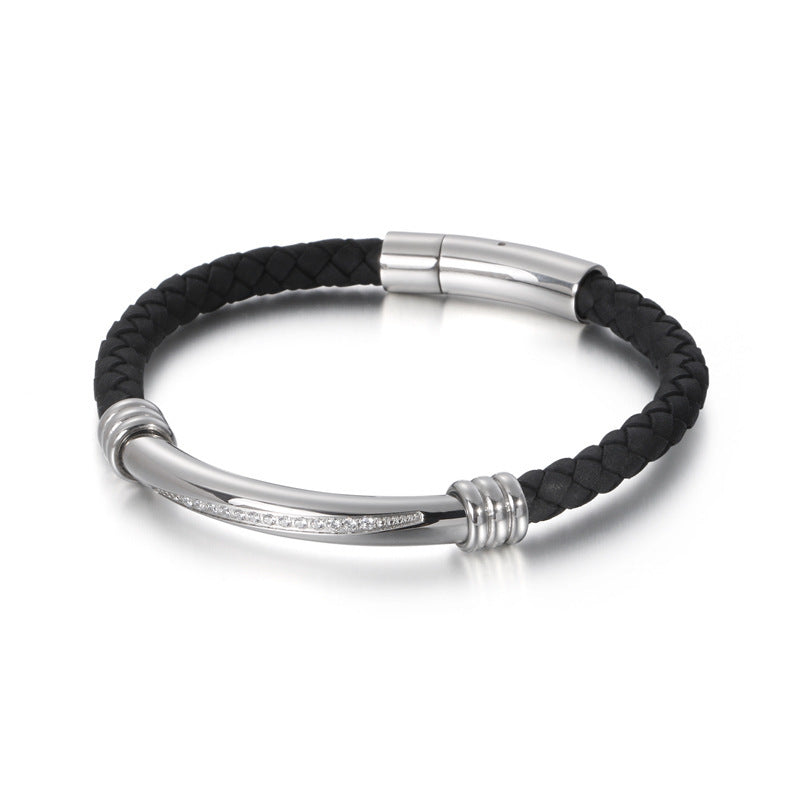 Men's Geometric Elbow Stainless Steel Diamond Leather Woven Bracelet - Black & Elva