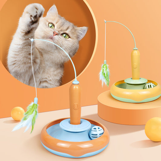 2 In 1 Pet Cat Toy With Feather For Self-play Cat Turntable Pets Supplies Cat Toy Toys Cats Items Products - Black & Elva