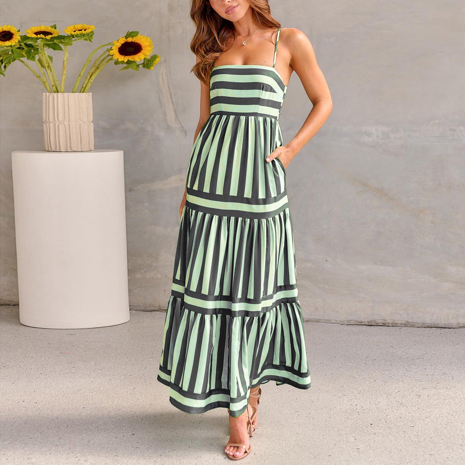 Striped Summer Maxi Dress – Backless & Pocketed Beachwear - Black & Elva