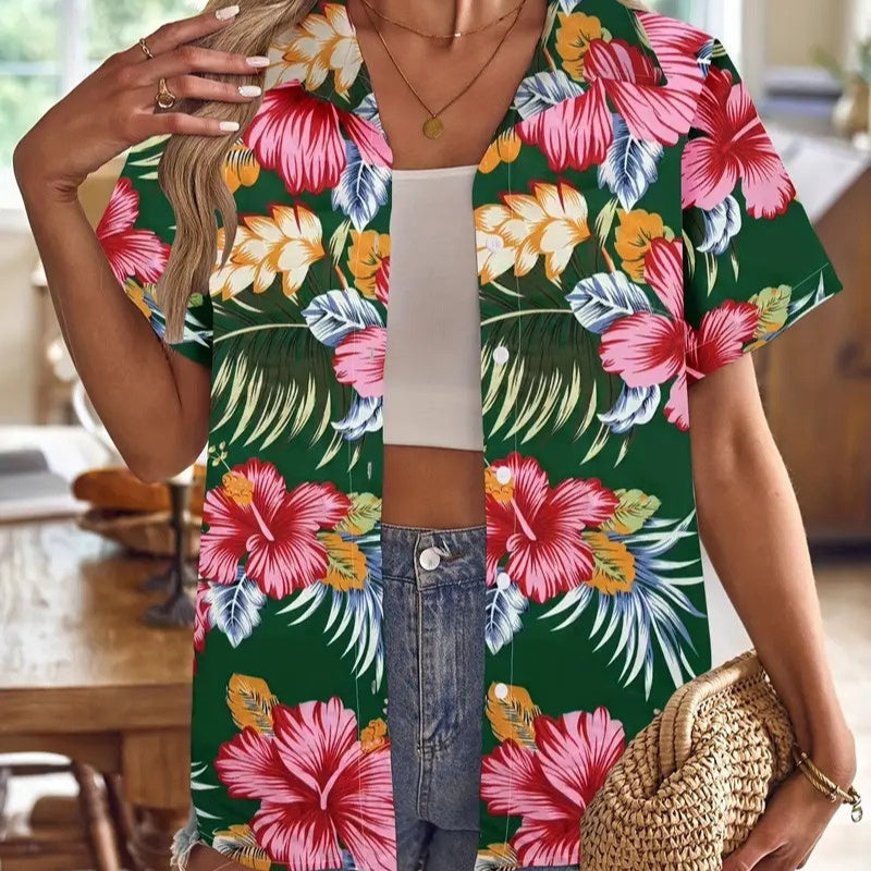 Casual Wild Plant Pattern Women's Short-sleeved Shirt - Black & Elva