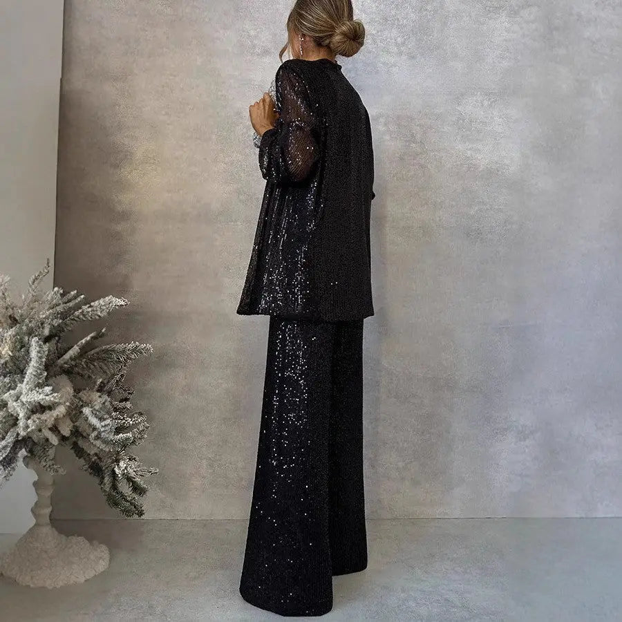 Three-color Sequin Small Suit High Waist Fashion Casual Pants Two-piece Suit - Black & Elva