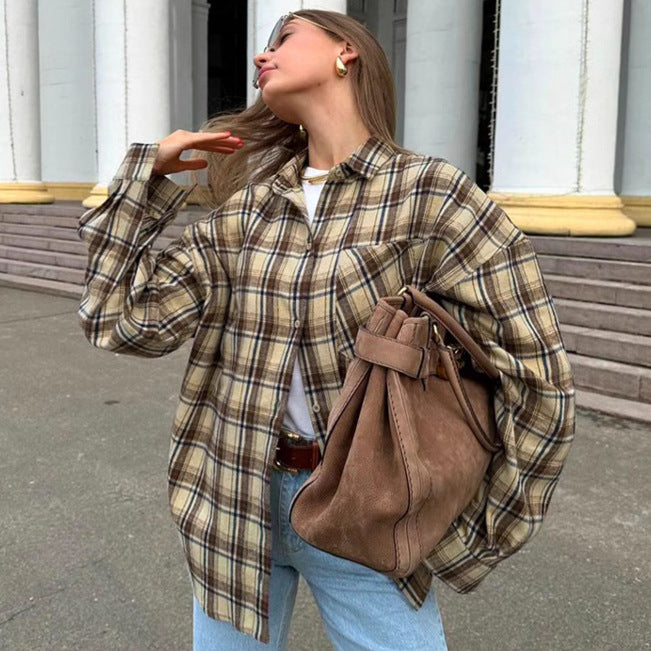 Fashion Personality Retro Plaid Shirt For Women - Black & Elva