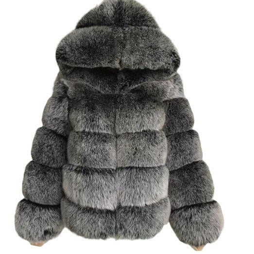 Women's Minimalist Hooded Patchwork Fur Grass Jacket - Black & Elva