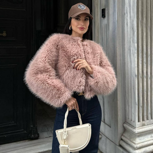 Polyester Imitation Fur Women's Short Cardigan Coat - Black & Elva