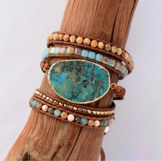Natural Ocean Stone Leather Multi-layer Bracelet Simple - Black & Elva