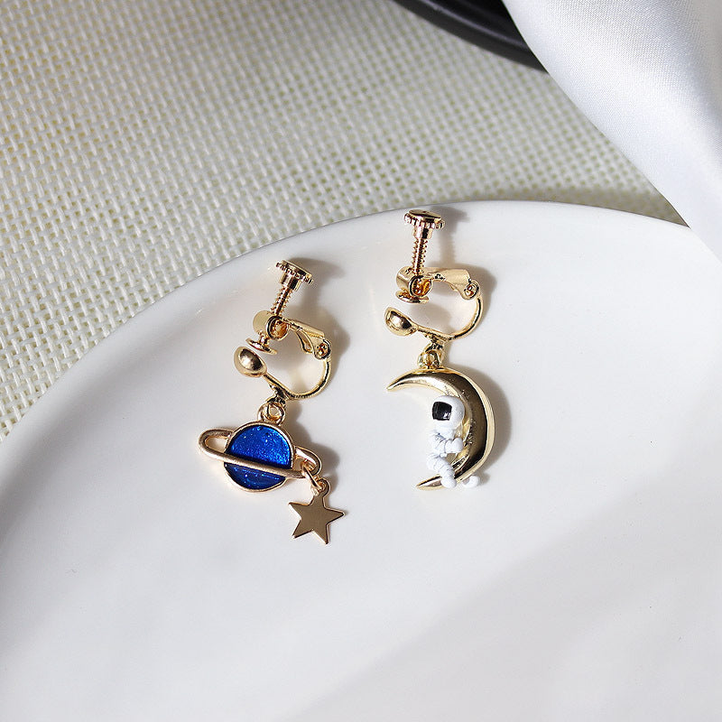 Moon Planet Astronaut Asymmetrical Stud Earrings Female Temperament South Korea - Black & Elva