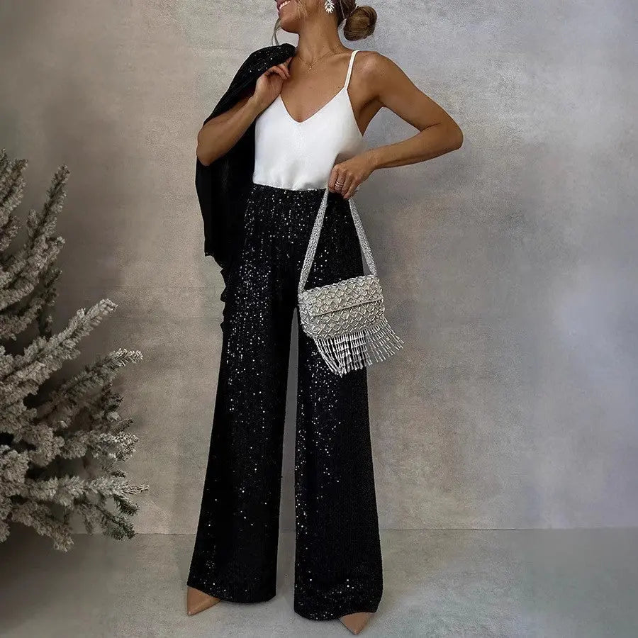 Three-color Sequin Small Suit High Waist Fashion Casual Pants Two-piece Suit - Black & Elva