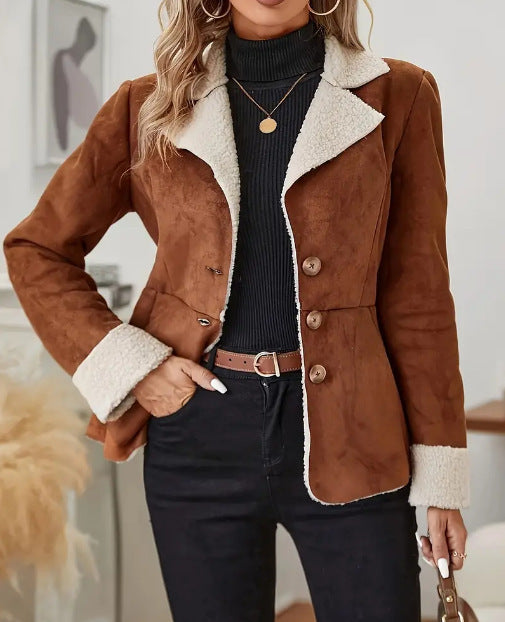 Casual Fashion Cold-proof Warm Fur Integrated Lapel Pocket Jacket - Black & Elva