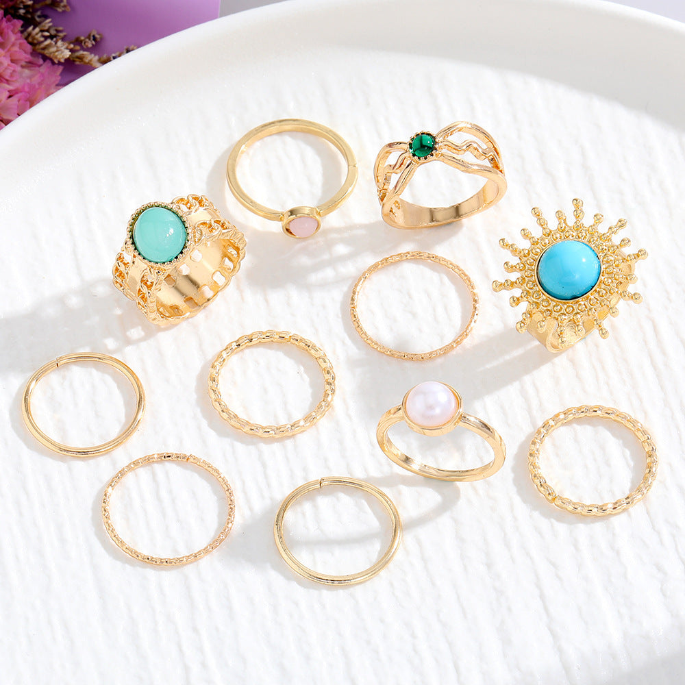 Geometric Emerald Color Natural Stone Metal Ring Plated KC Gold Ring Suit - Black & Elva