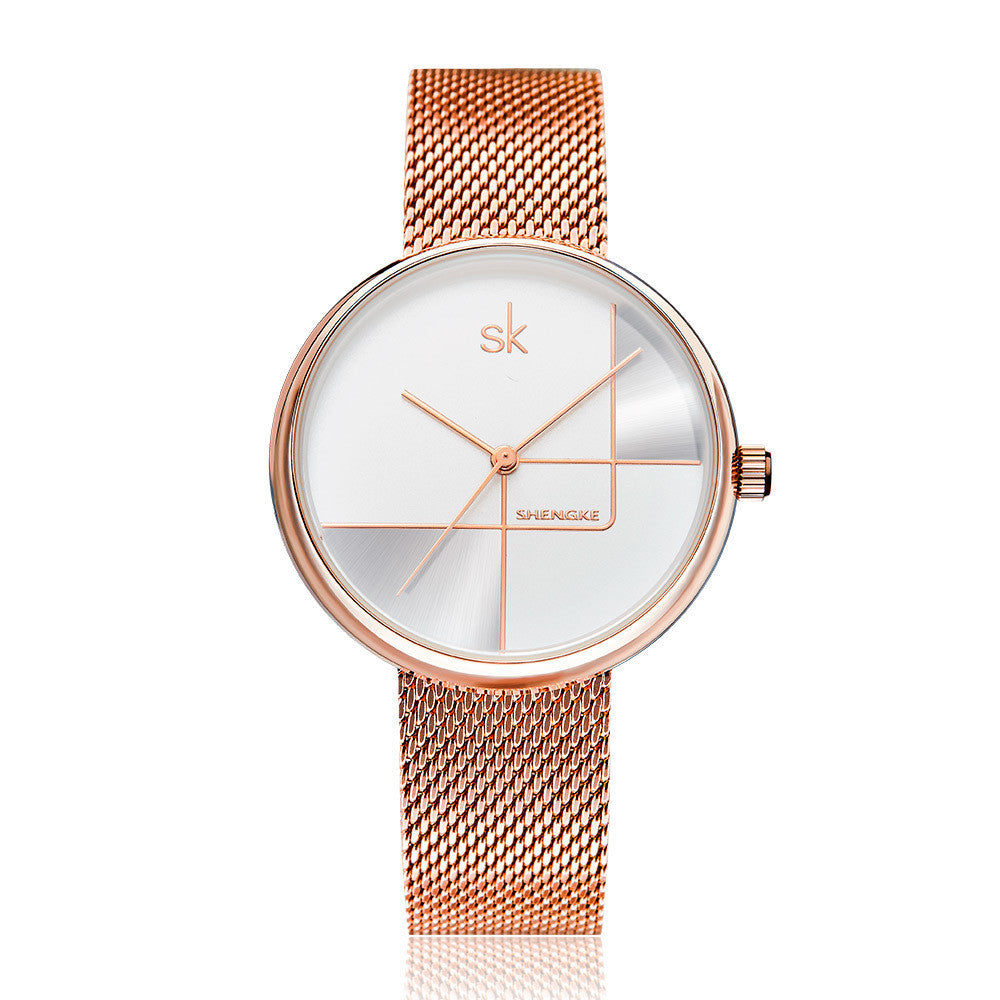 Women's Fashion Simple Geometric Quartz Watch Mesh Strap Watch - Black & Elva