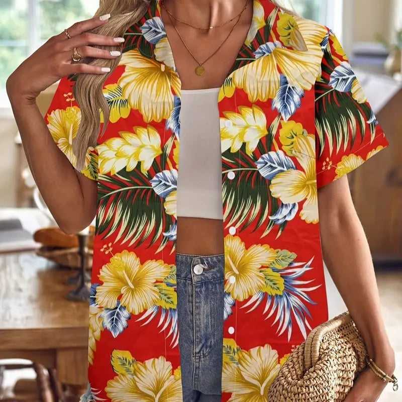 Casual Wild Plant Pattern Women's Short-sleeved Shirt - Black & Elva