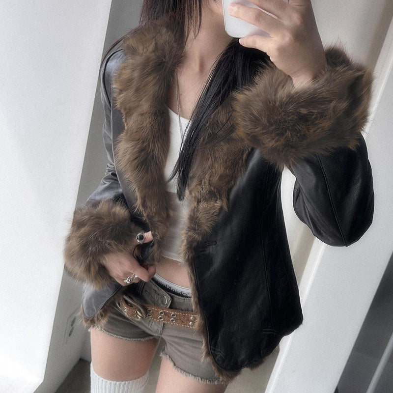 American Street Loose Fur Collar Leather Coat - Black & Elva
