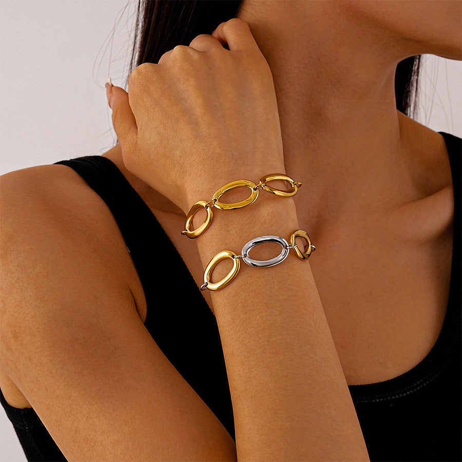 Titanium Steel Metal Geometric Oval Bracelet For Women - Black & Elva