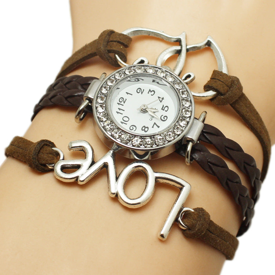 Alloy Love Double Heart-shaped Love Woven Multi-layer Watch - Black & Elva