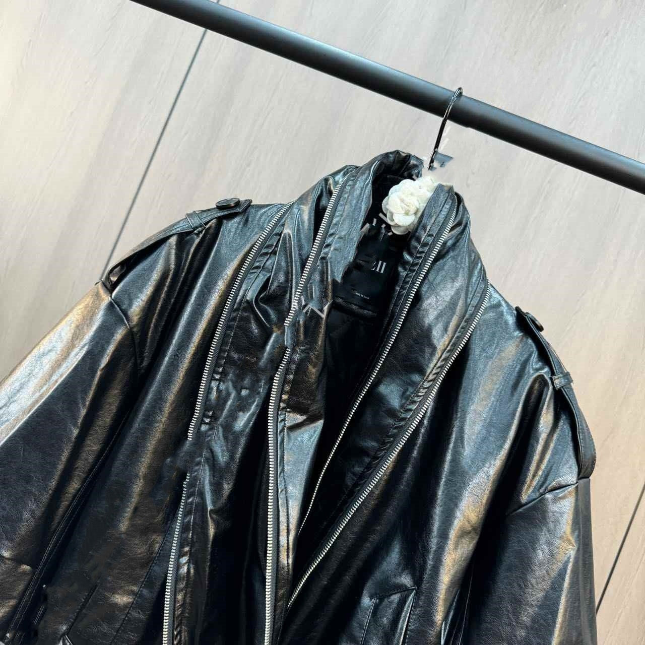 Cuffed Zipper Collar Button PU Leather Jacket Cotton Padded Jacket - Black & Elva