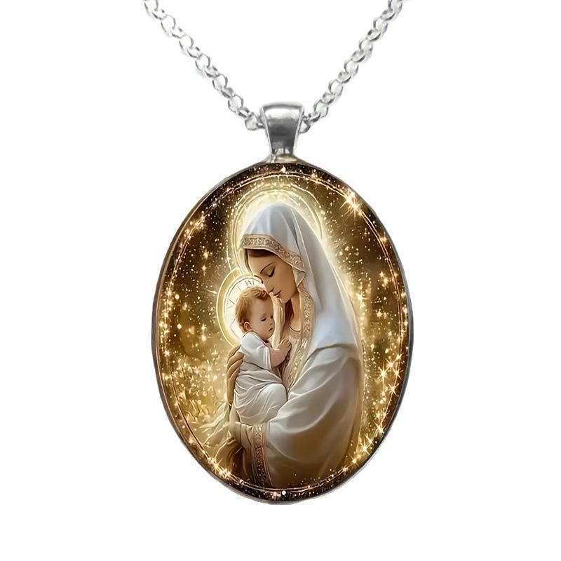 Fashion Virgin Mary Oval Glass Necklace - Black & Elva