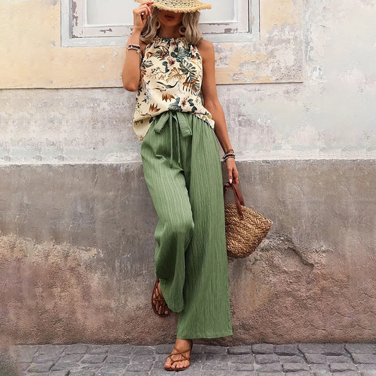 Women's 2 Piece Outfits Summer Casual Sleeveless Halter Neck Crop Tops Wide Leg Pants Set - Black & Elva