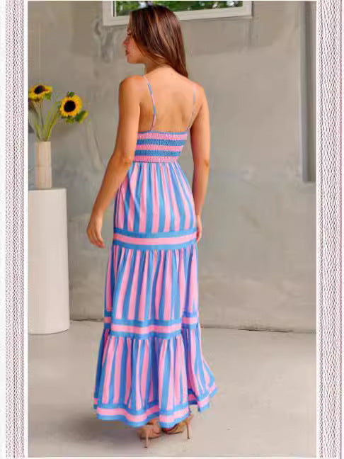 Striped Summer Maxi Dress – Backless & Pocketed Beachwear - Black & Elva