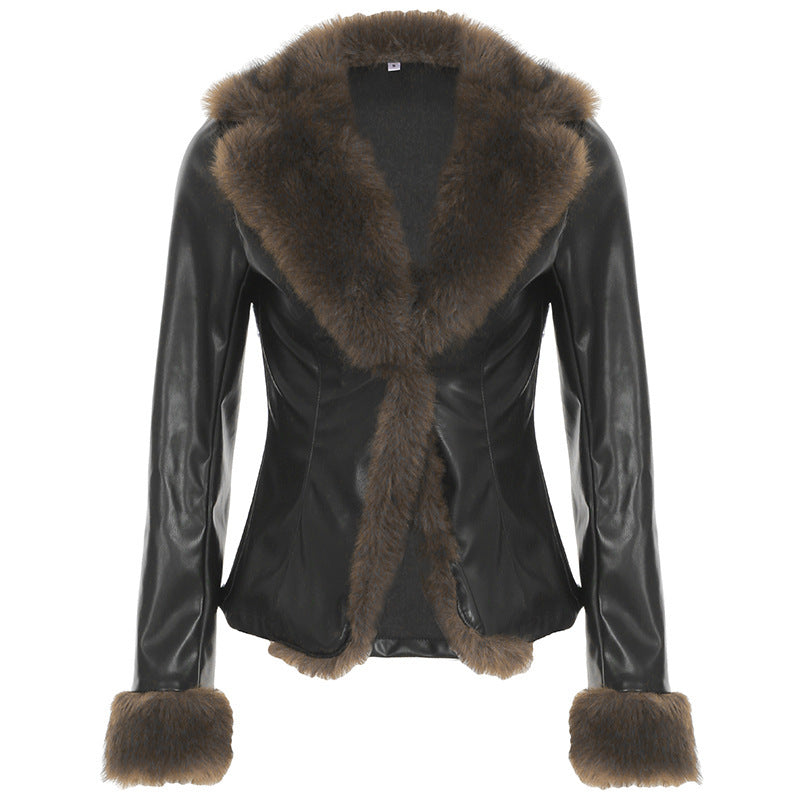 American Street Loose Fur Collar Leather Coat - Black & Elva